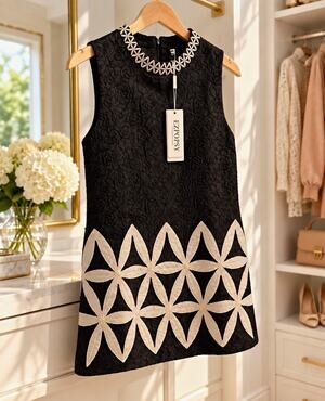 EZPOPSY Black Ivory Floral Jacquard Embroidered Shift Dress Size S NWT